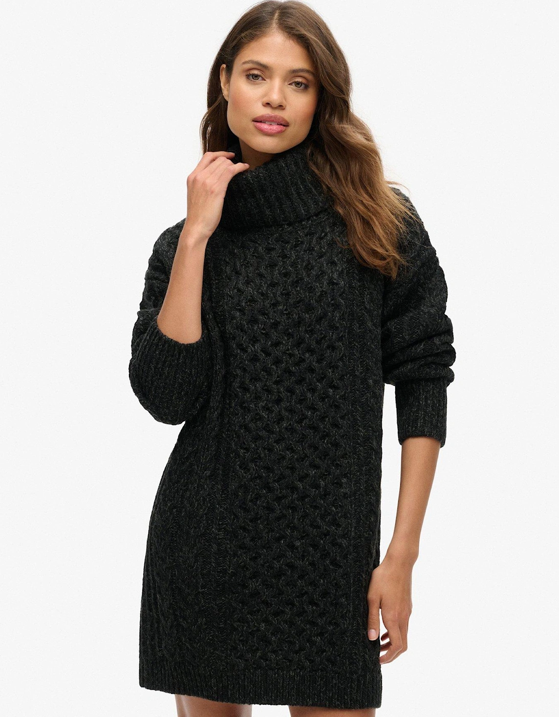 Rollneck Cable Jumper Dress - Black, 2 of 1