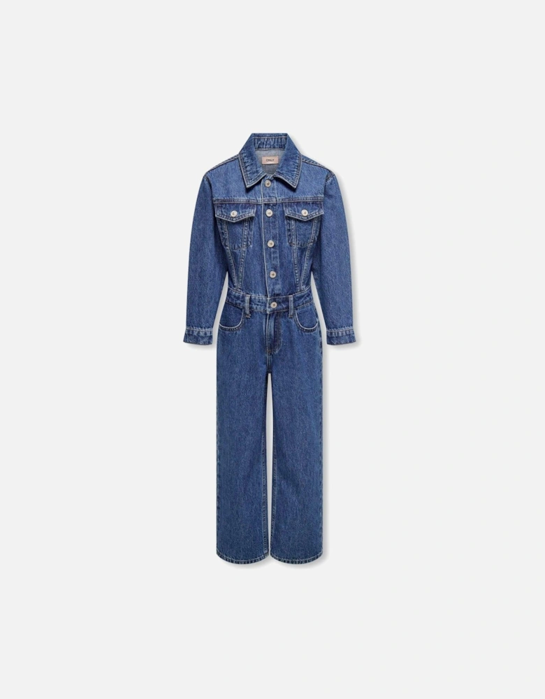 Girls Denim Long Sleeve Jumpsuit - Medium Blue Denim