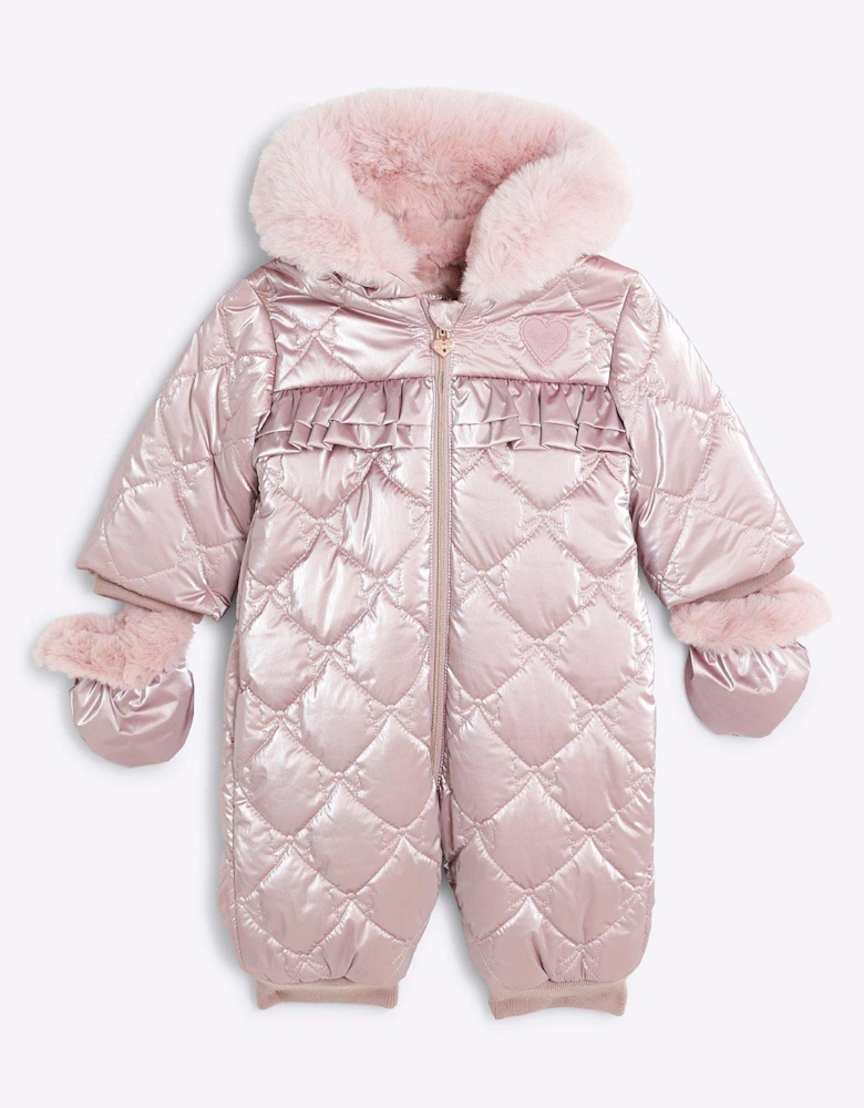 Baby Girl Quilted Hooded Bow Snowsuit - Pink