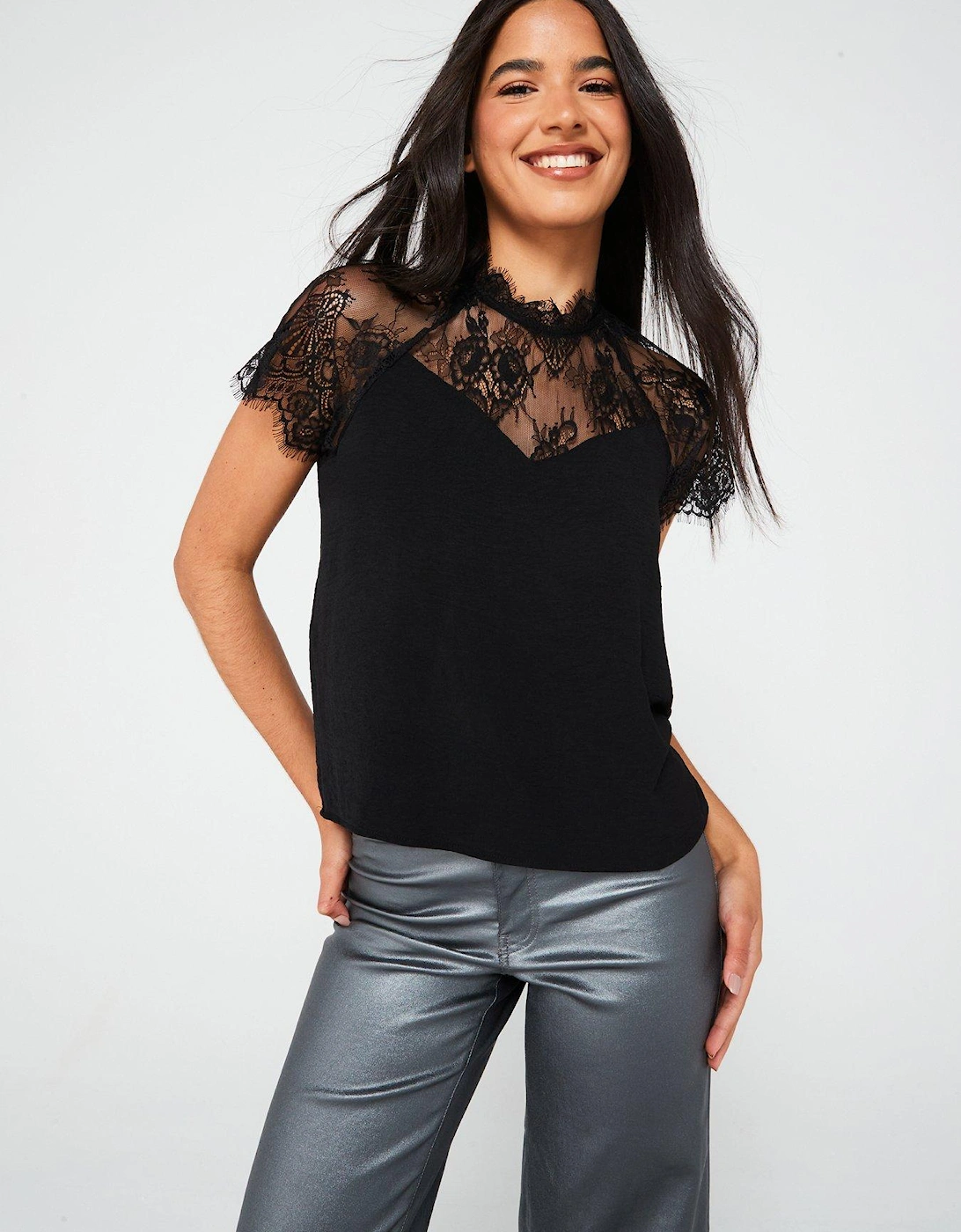 Lace Detail Short Sleeve Blouse - Black, 5 of 4