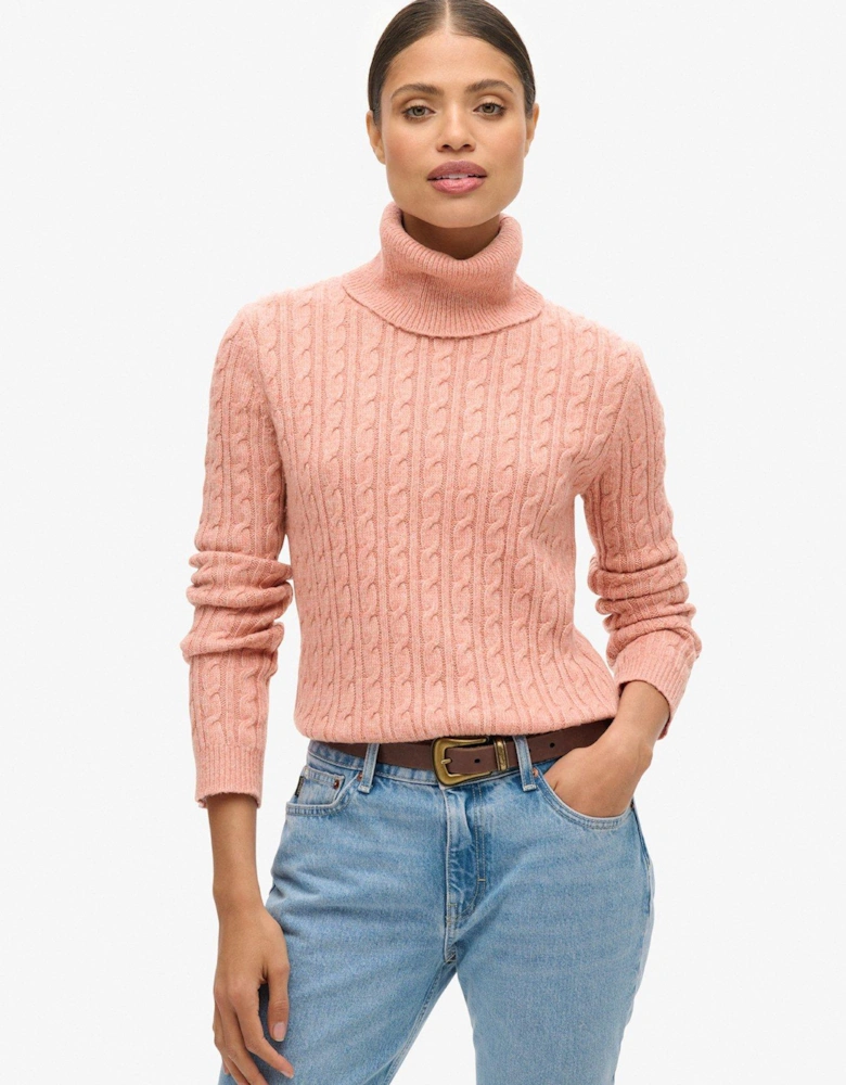 Fitted Cable Roll Neck Jumper - Pink