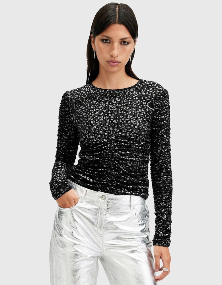 Eris Metallic Leopard Print Top - Black