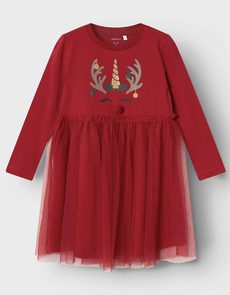 Mini Girls Reindeer Tulle Dress - Jester Red