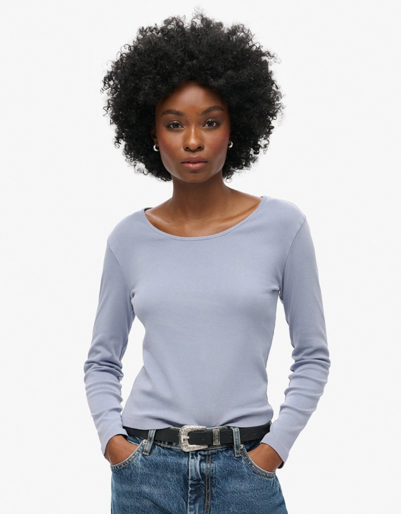 Fine Rib Scoop Neck Top - Blue