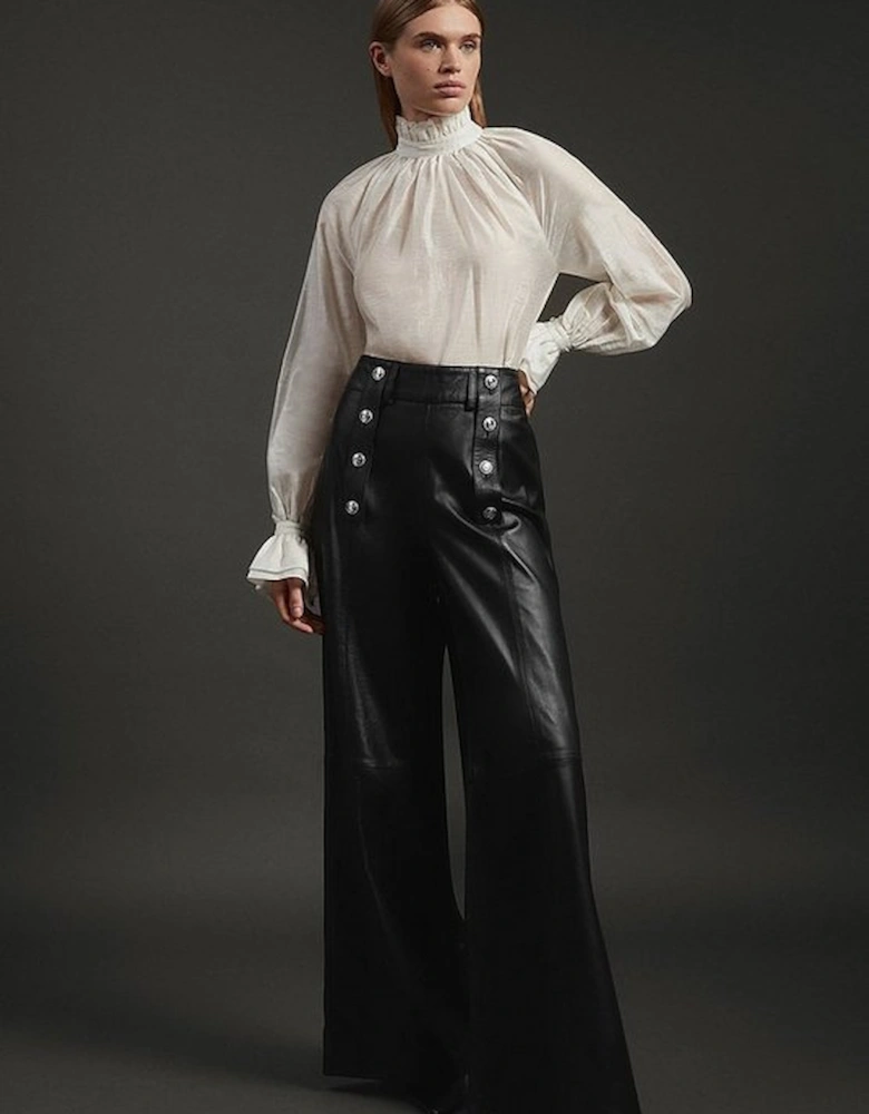 Leather Military Button Wide Leg Trouser