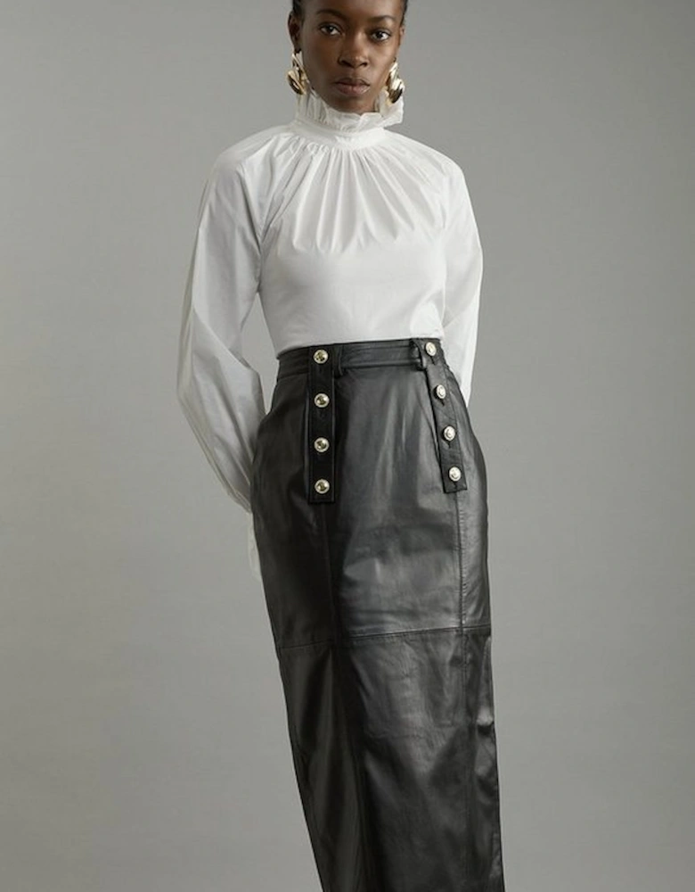 Leather Military Button Pencil Midi Skirt