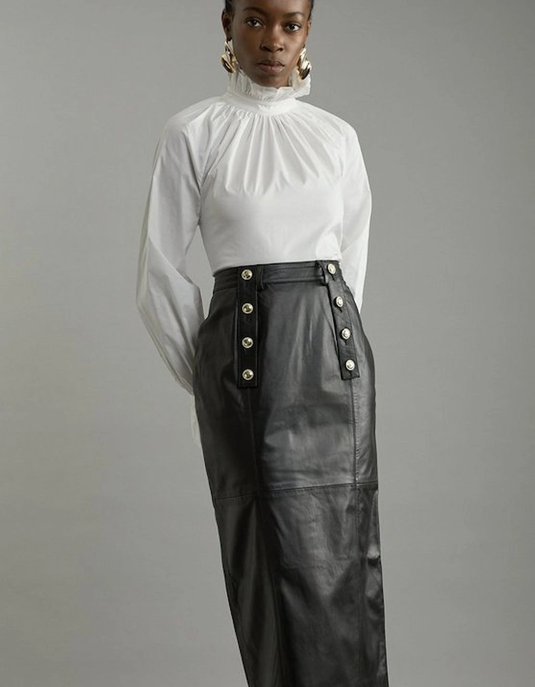 Leather Military Button Pencil Midi Skirt, 5 of 4