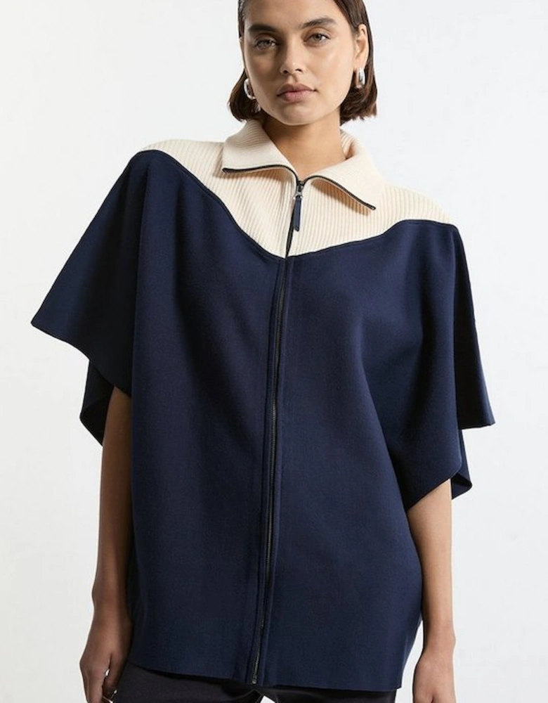 Zip Through Collared Knit Poncho