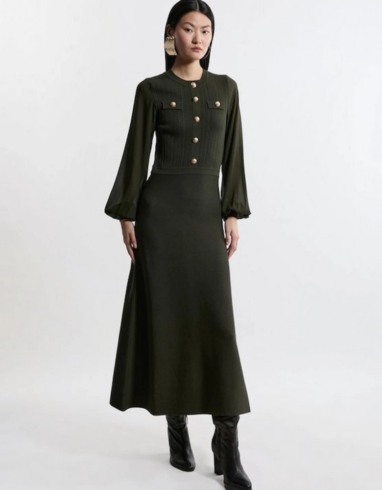 Petite Viscose Blend Maxi Knit Dress With Chiffon Sleeve Military Trim