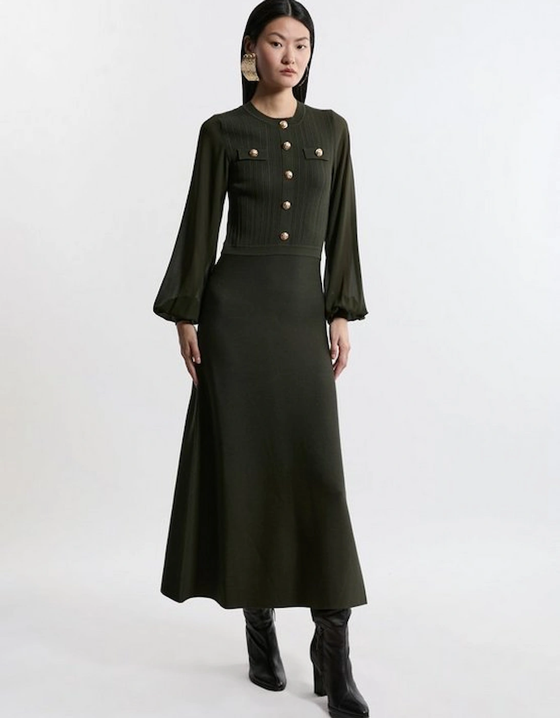 Petite Viscose Blend Maxi Knit Dress With Chiffon Sleeve Military Trim, 5 of 4