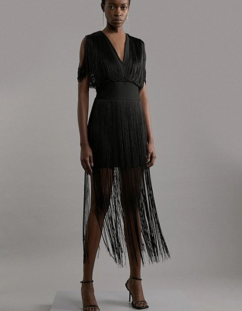 Figure Form Bandage Knit Fringe Detail Dress