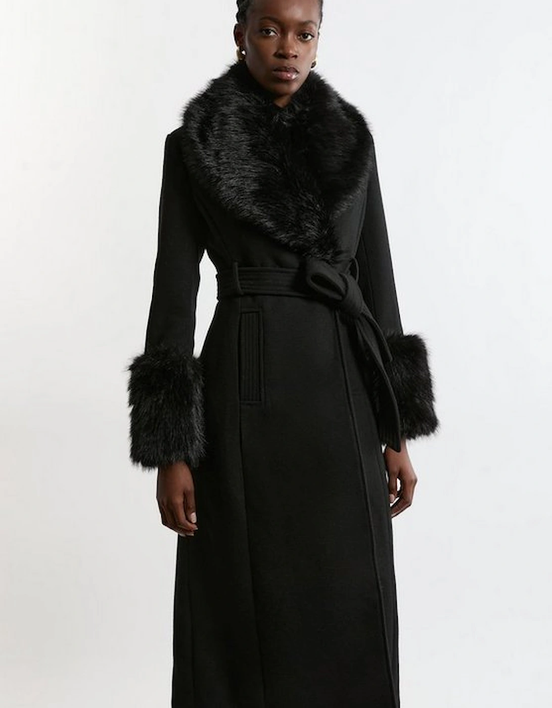 Wool Blend Detachable Faux Fur Belted Midi Coat, 5 of 4