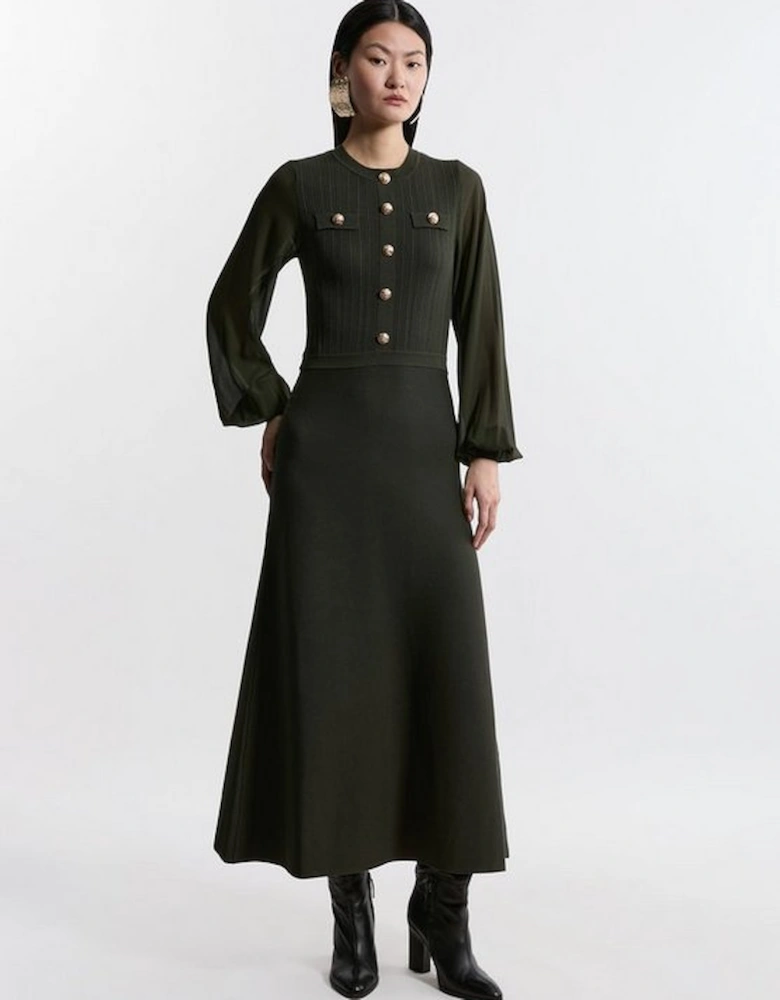 Tall Viscose Blend Maxi Knit Dress With Chiffon Sleeve Military Trim