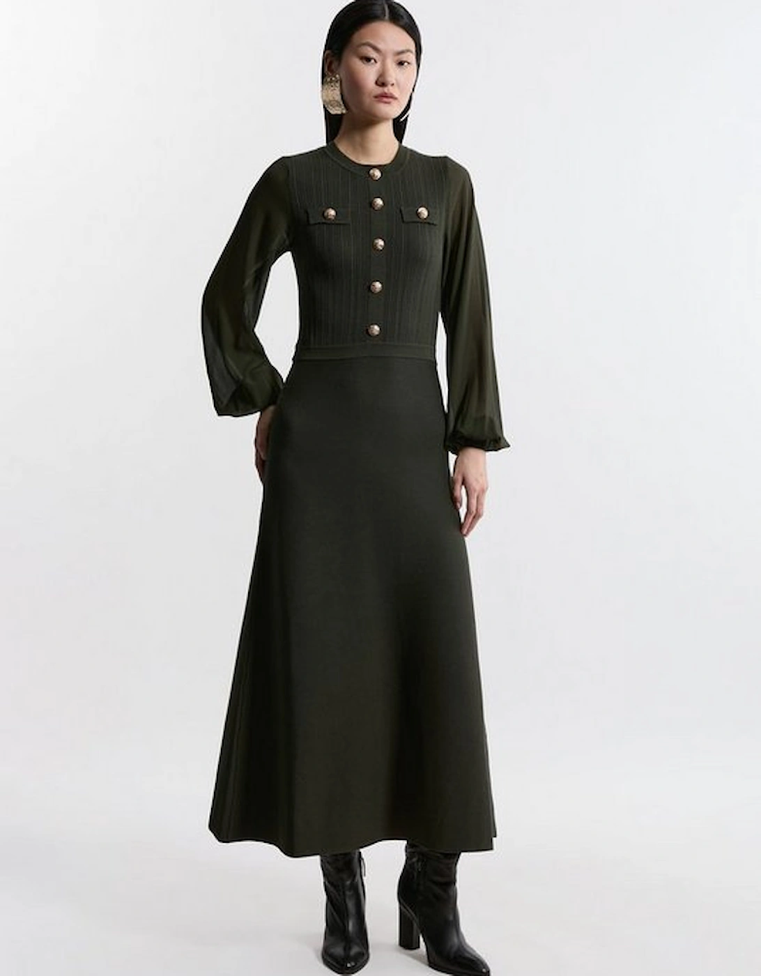 Tall Viscose Blend Maxi Knit Dress With Chiffon Sleeve Military Trim, 5 of 4