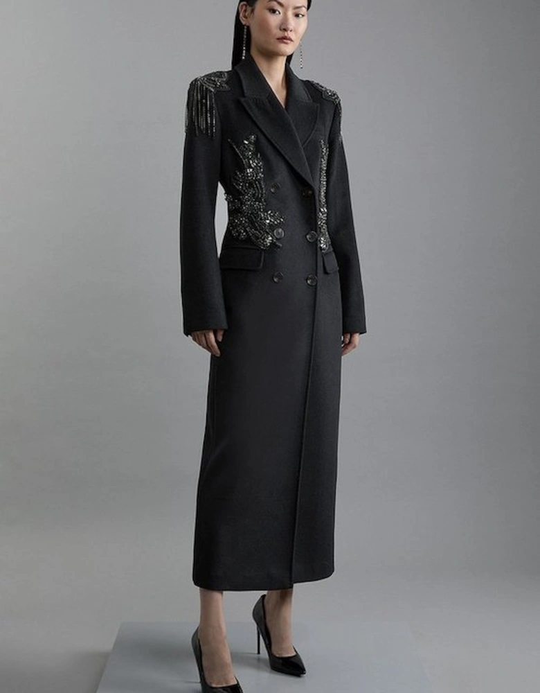 Petite Wool Blend Crystal Embellished Double Breasted Tailored Maxi Coat