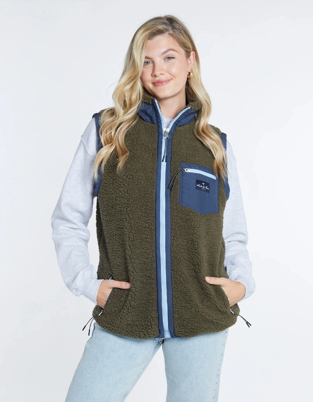 Whale Of A Time Highland Unisex Sherpa Gilet Olive/Blue