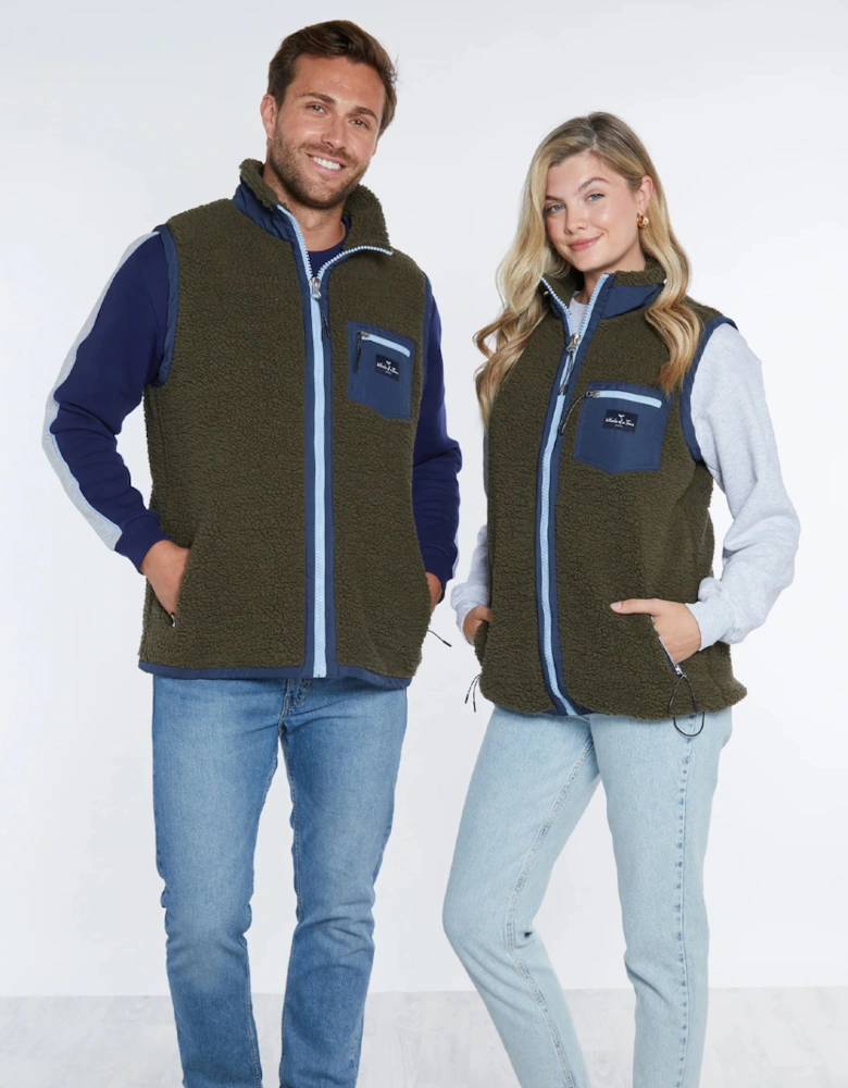 Whale Of A Time Highland Unisex Sherpa Gilet Olive/Blue