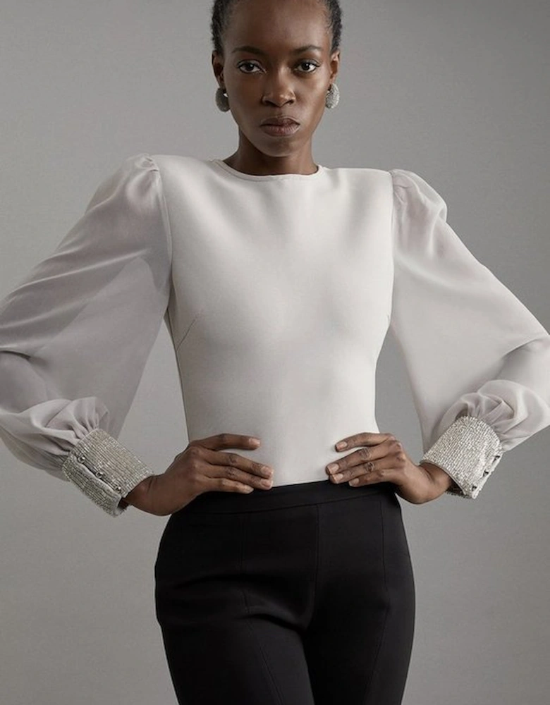 Figure Form Bandage Knit Embellished And Chiffon Sleeve Top