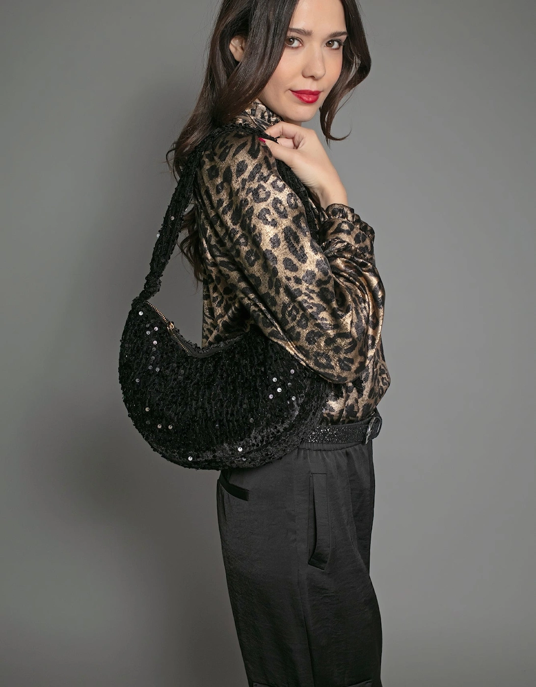 NESSA HALF MOON SEQUIN BAG-BLACK