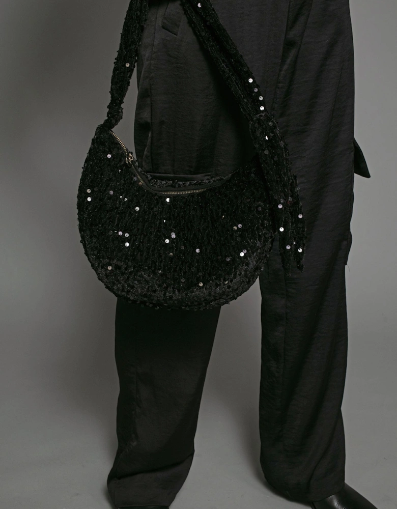 NESSA HALF MOON SEQUIN BAG-BLACK