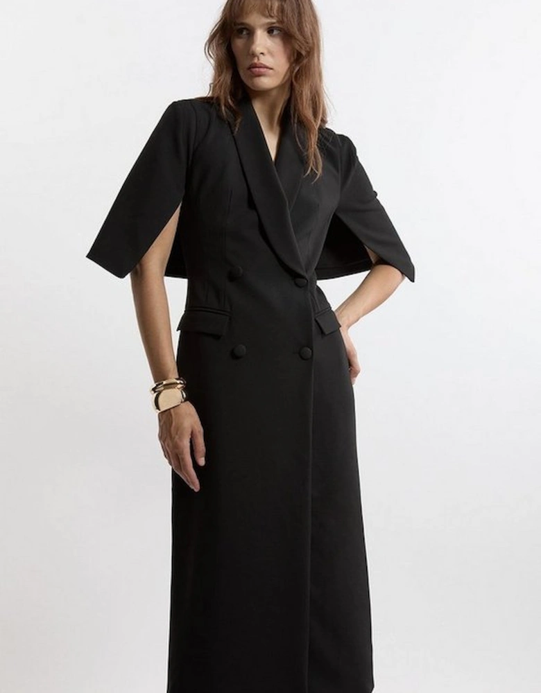 Clean Tailored Tuxedo Cape Sleeve Midi Blazer Dress