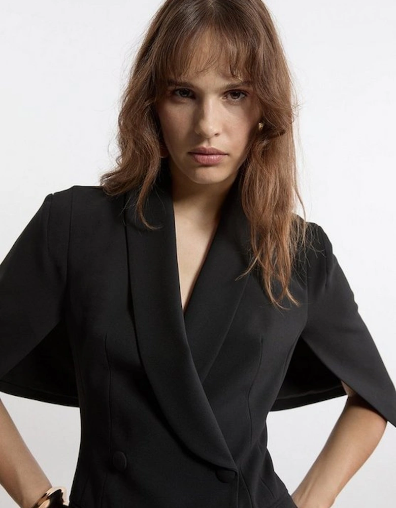 Clean Tailored Tuxedo Cape Sleeve Midi Blazer Dress