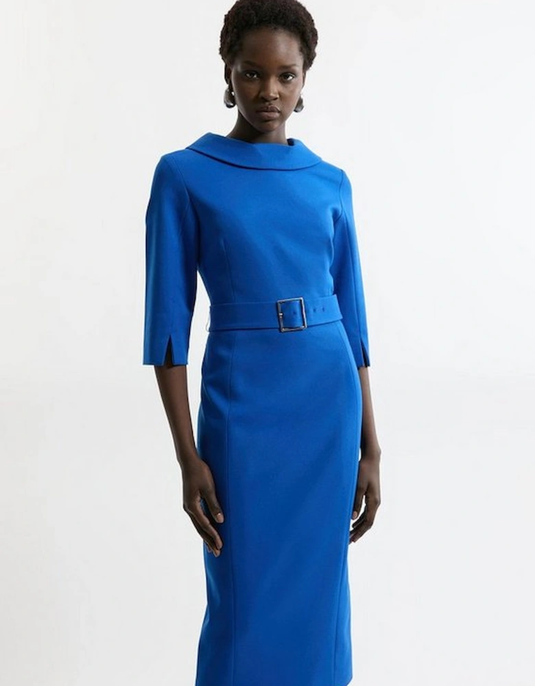 Tailored Structured Crepe Roll Neck Belted Midi Dress