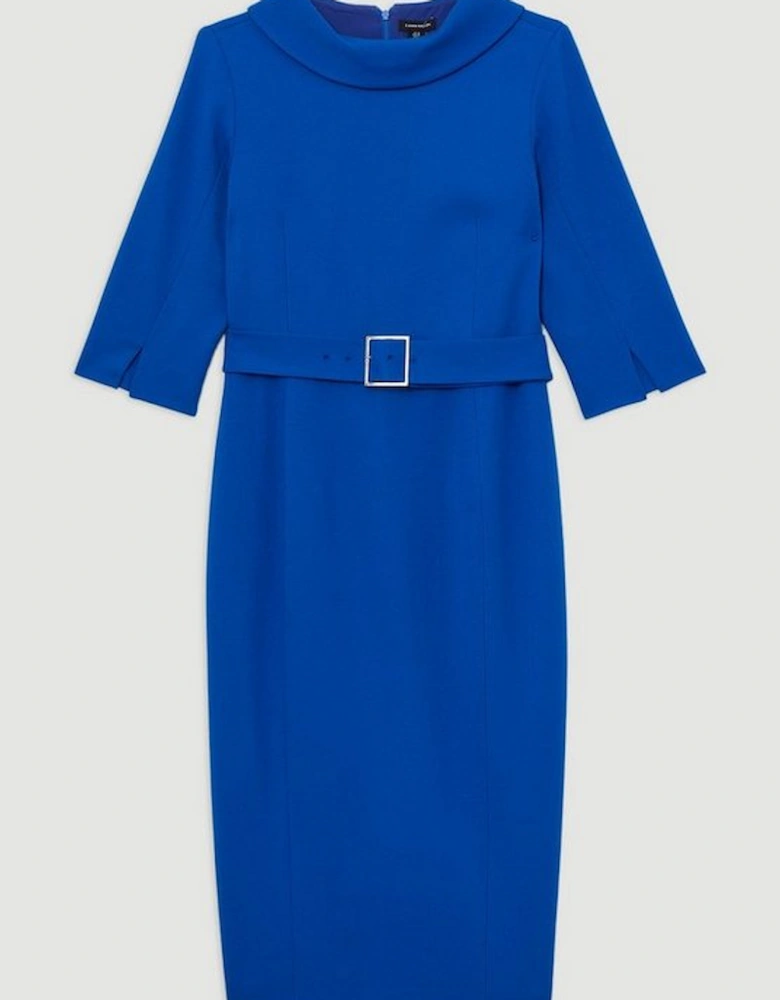 Tailored Structured Crepe Roll Neck Belted Midi Dress