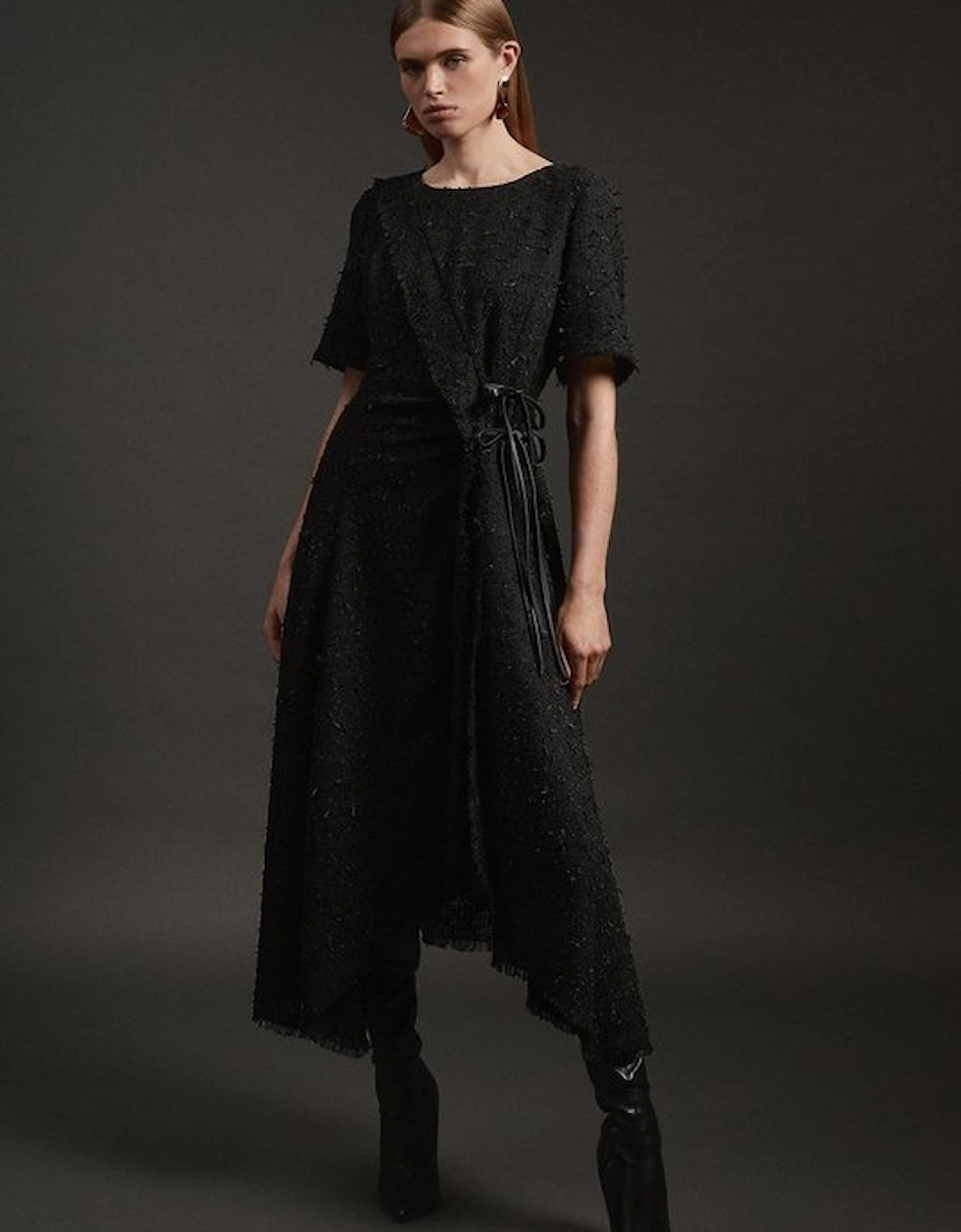 Metallic Boucle Tailored Ruffle Belted Asymmetric Midaxi Dress