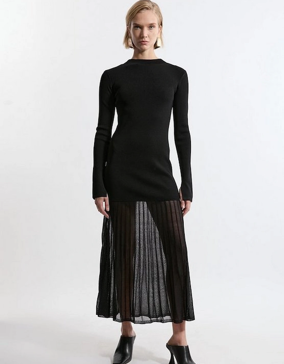 Viscose Blend Knit Sheer Skirt Maxi Dress