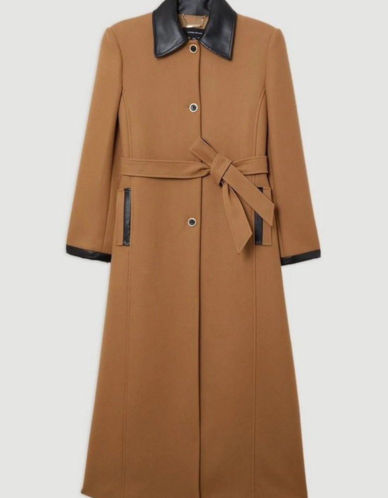 Premium Italian Manteco Wool Pu Trim Belted Tailored Maxi Coat