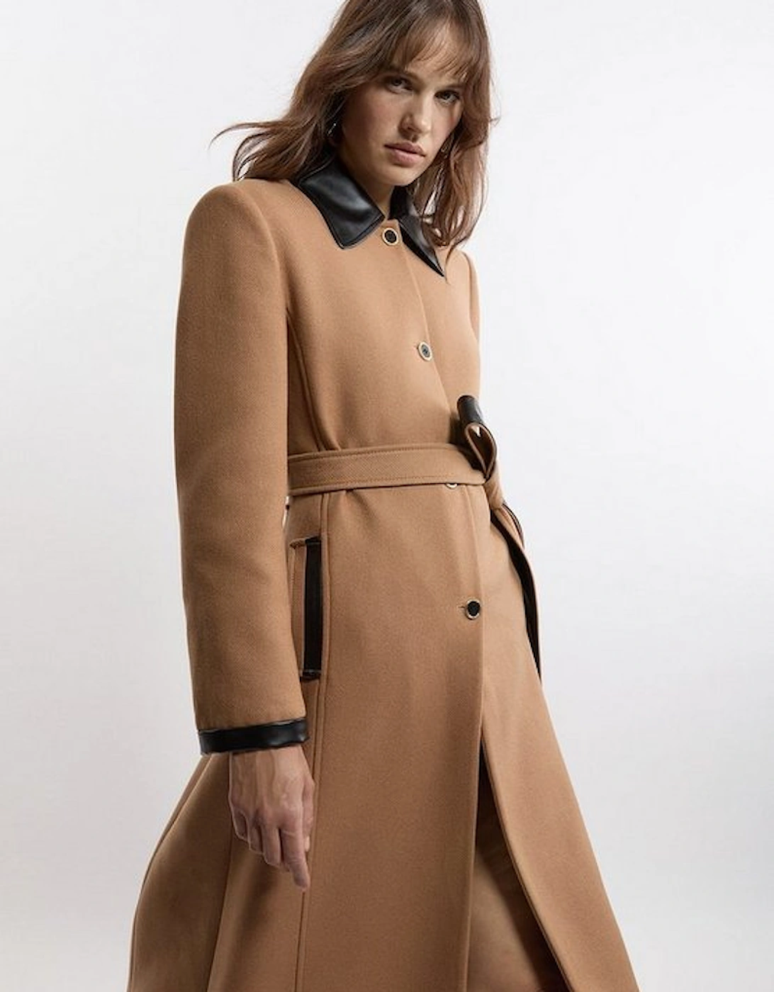 Premium Italian Manteco Wool Pu Trim Belted Tailored Maxi Coat