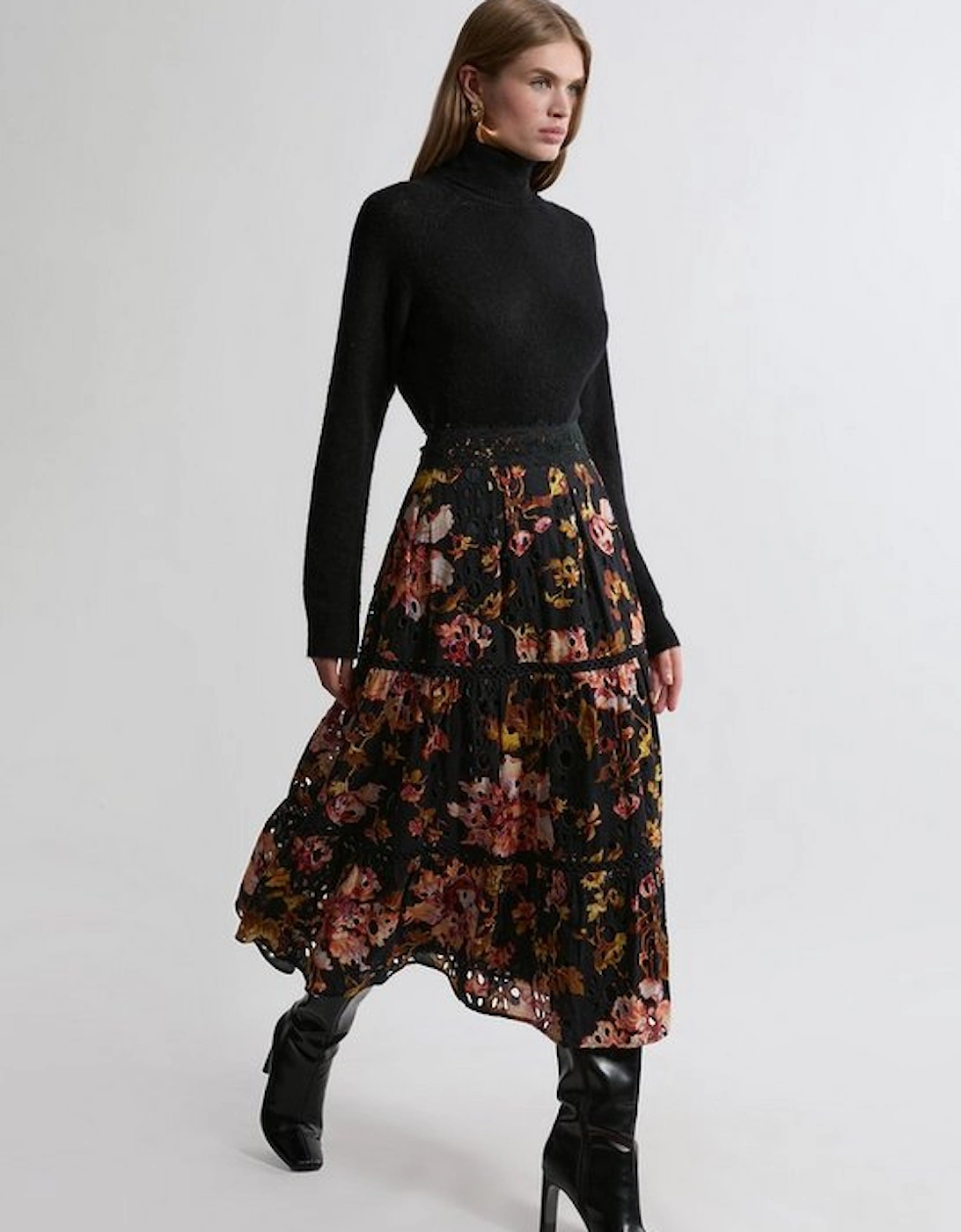 Broderie Woven Midi Skirt With Guipure Trim