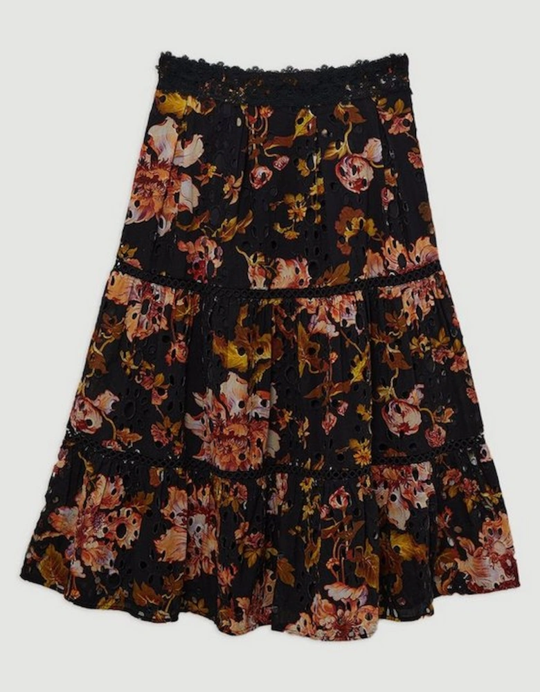 Broderie Woven Midi Skirt With Guipure Trim