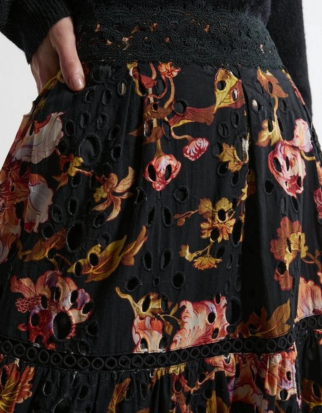 Broderie Woven Midi Skirt With Guipure Trim