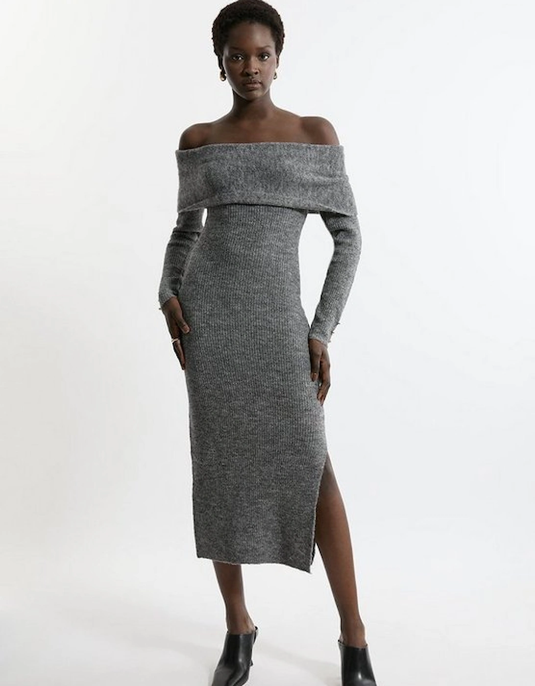 Wool Blend Cosy Bardot Knit Midi Dress