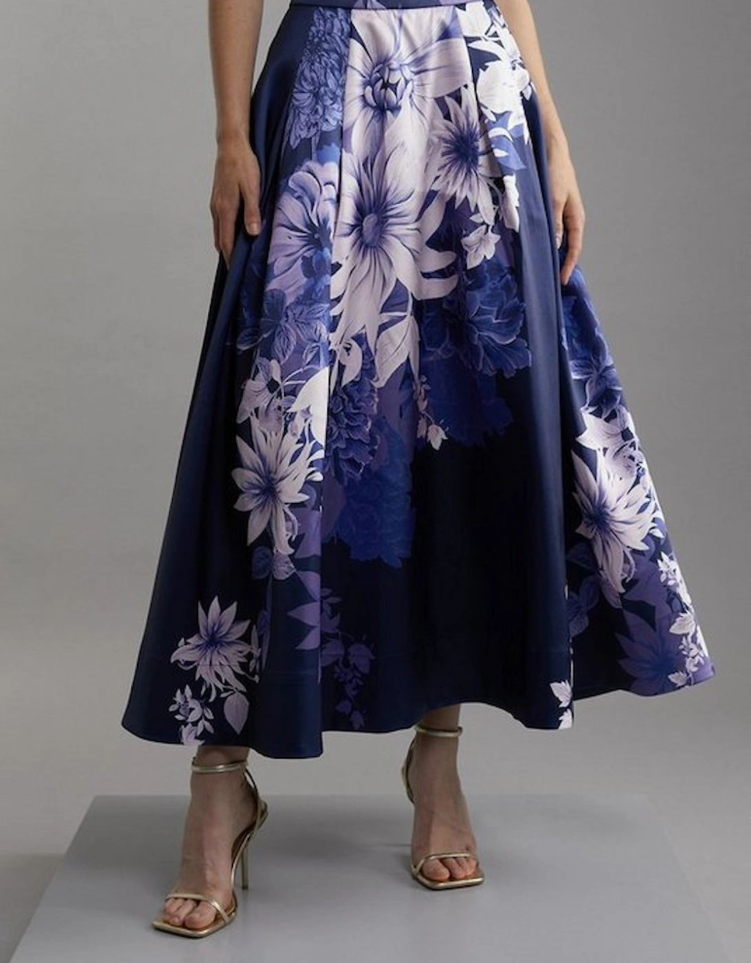 Petite Large Scale Floral Print Woven Prom Midi Skirt