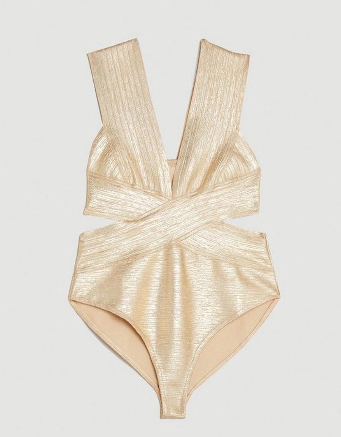 Foiled Bandage Textured V Neck Swimsuit