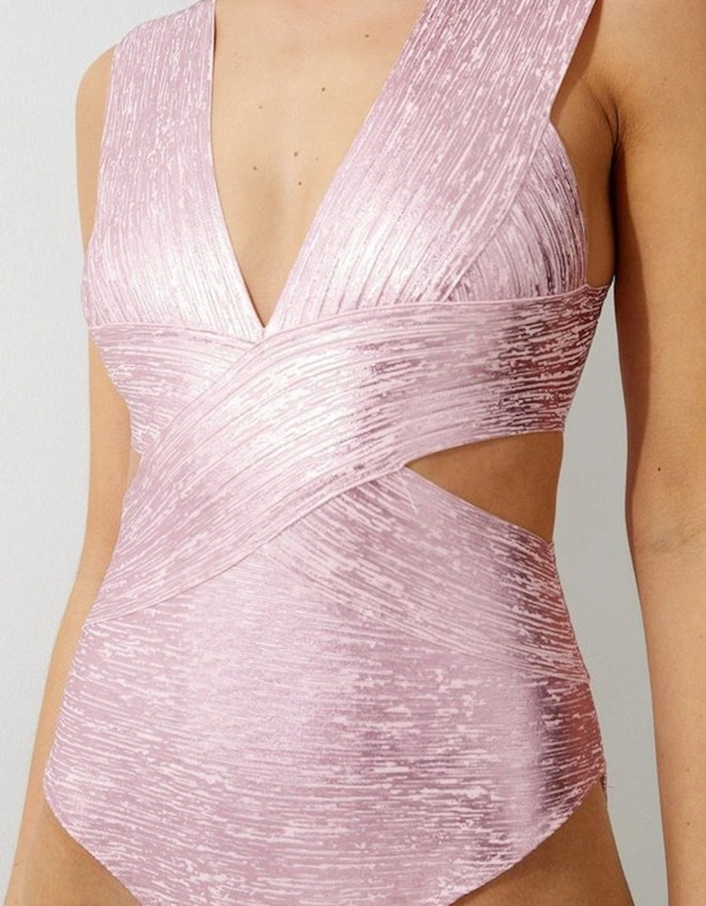 Foiled Bandage Textured V Neck Swimsuit