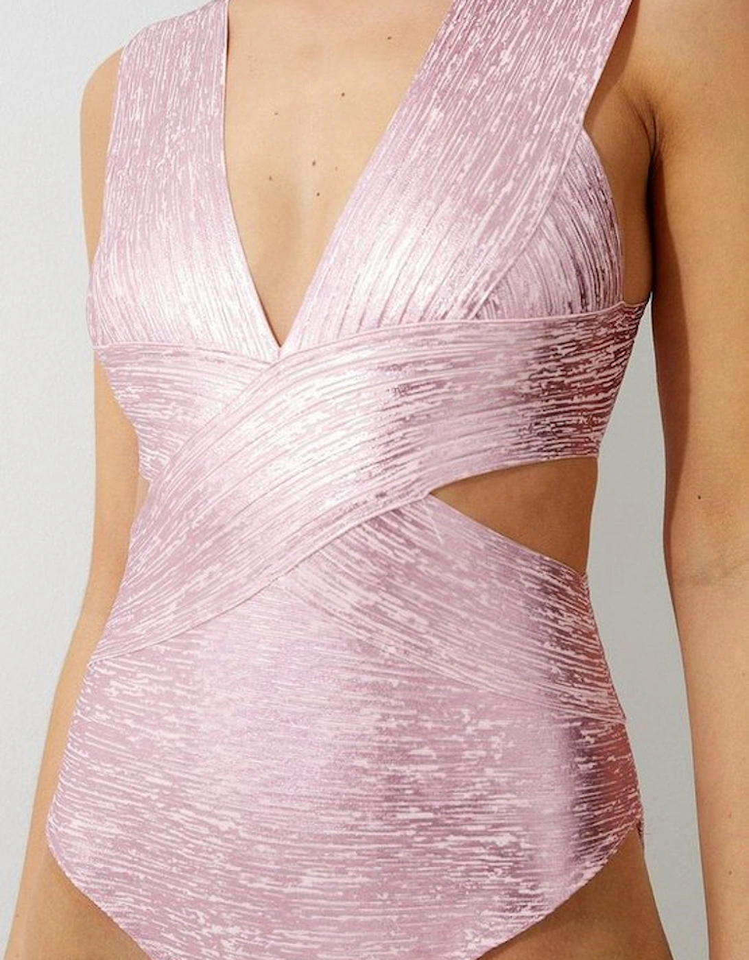 Foiled Bandage Textured V Neck Swimsuit