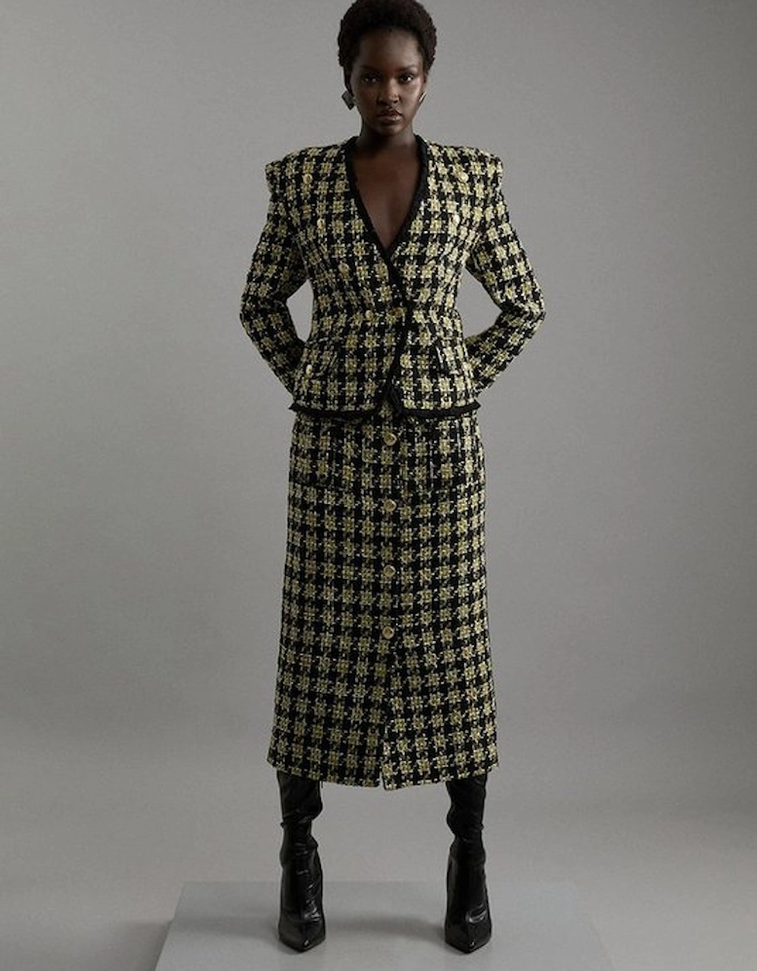 Wool Blend Check Tailored Asymmetric Jacket