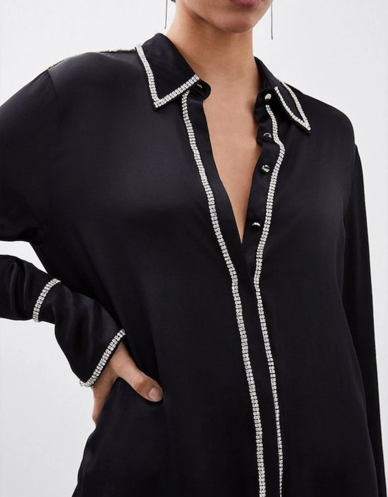 Diamante Trim Viscose Woven Satin Shirt