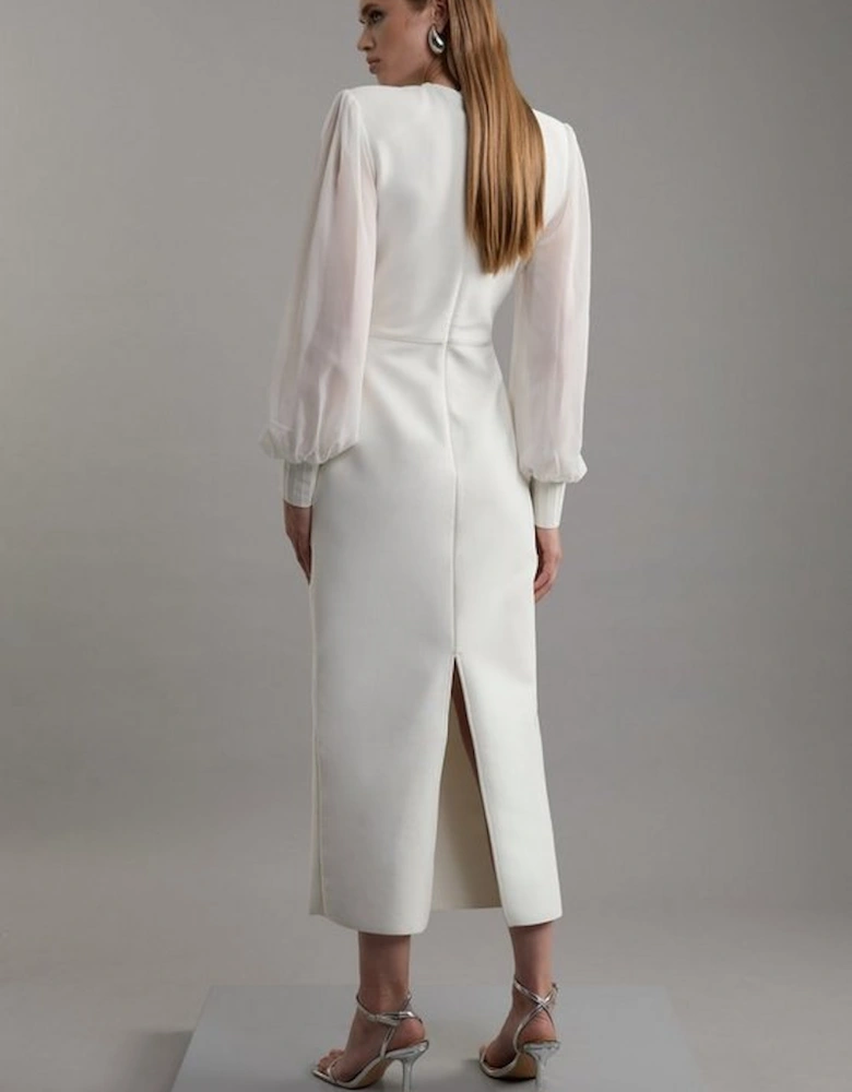Figure Form Bandage Knit Chiffon Sleeve Military Trim Maxi Dress