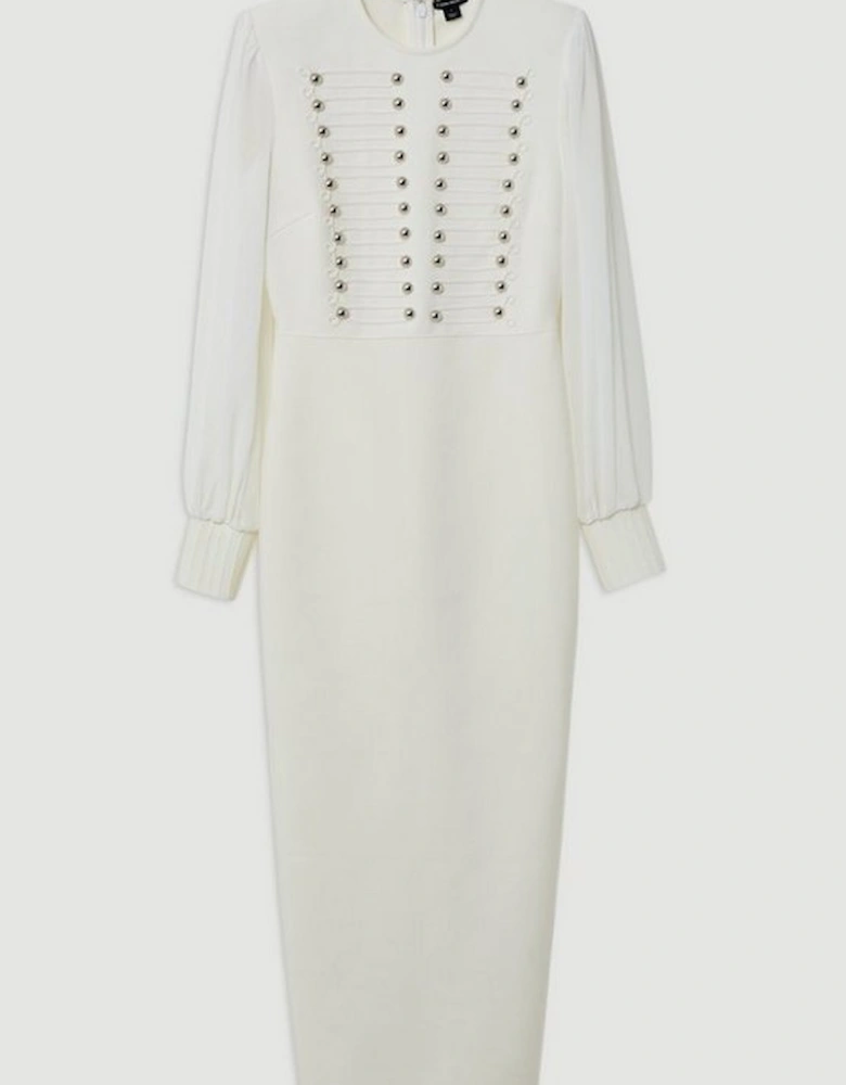 Figure Form Bandage Knit Chiffon Sleeve Military Trim Maxi Dress