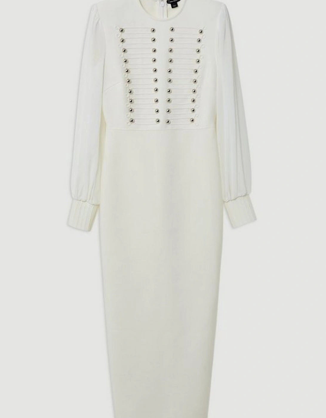 Figure Form Bandage Knit Chiffon Sleeve Military Trim Maxi Dress