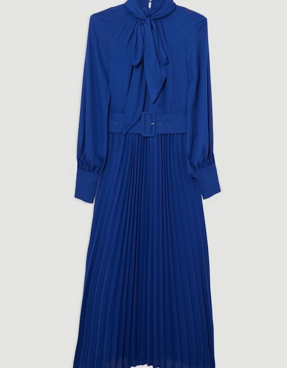 Pleated Woven Belted Tie Neck Maxi Shirt Dress