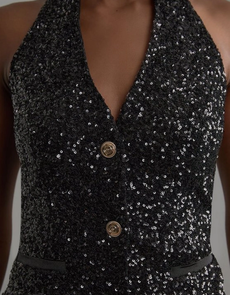 Petite Sequin Halter Neck Waistcoat