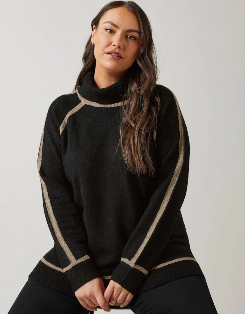 Colorblock Roll Neck Jumper - Black