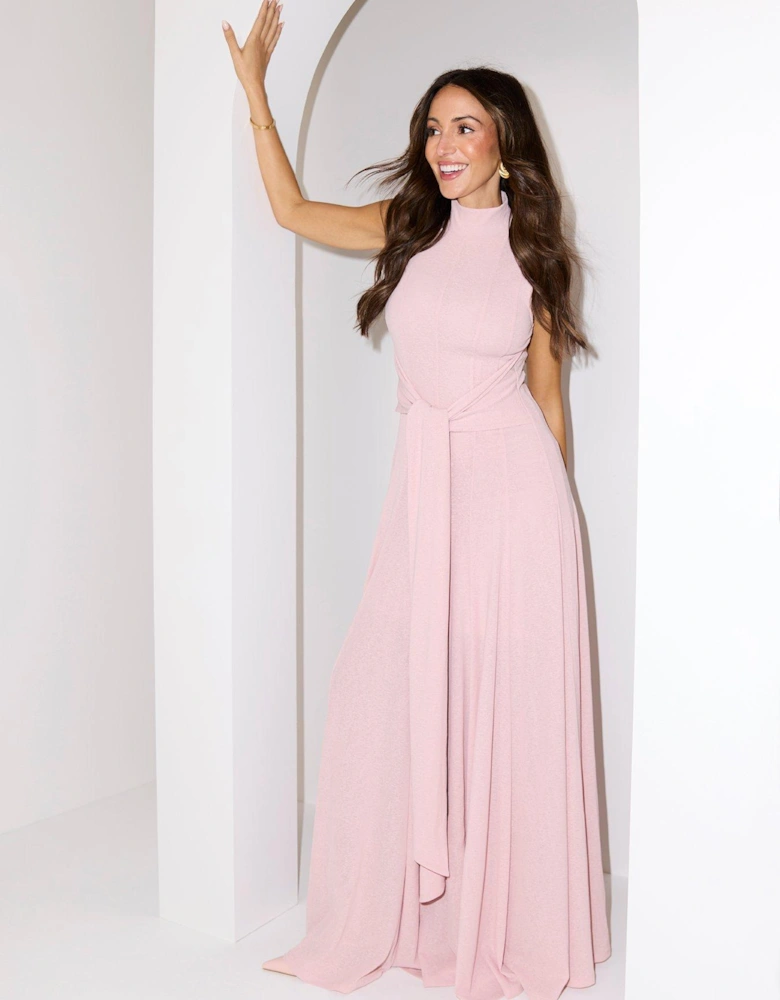 Tie Waisted Seam Midaxi Dress - Pink 