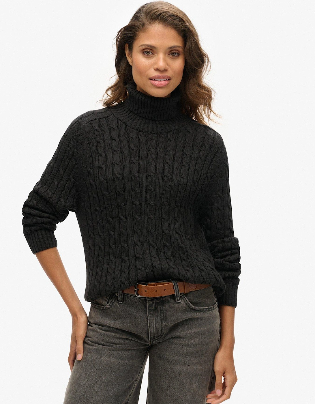 Slouchy Cable Roll Neck Jumper - Black, 2 of 1